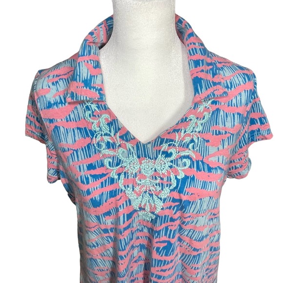 Kate Landry Casuals Women's Sm Pink Blue Floral Embroidered Collared Patio Dress - Picture 2 of 14